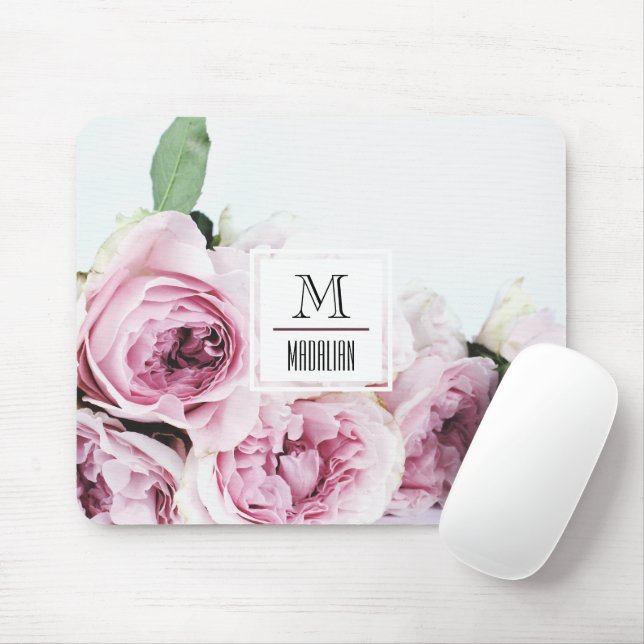 Mousepad Bonito monograma cor-de-rosa inicial com borda (Com mouse)