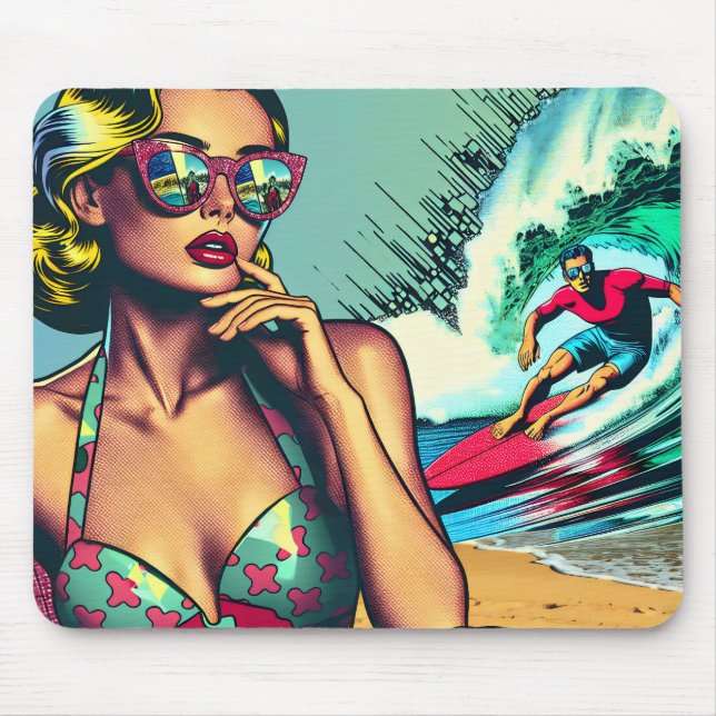 Mousepad Bonito mulher retrô loira e Cara de surfista (Frente)