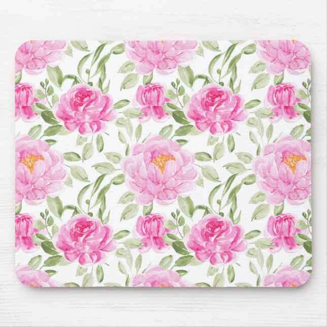 Mousepad Bonito Pêonias Rosa e Padrão Floral Verde (Frente)
