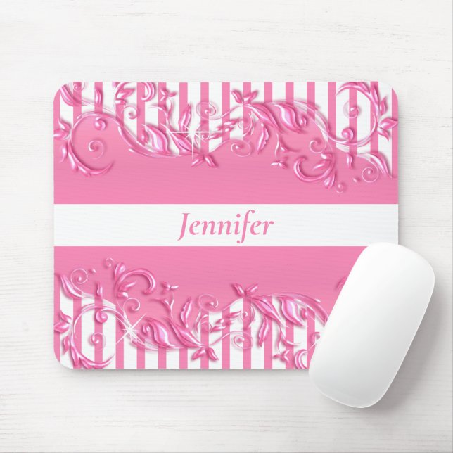 Mousepad Bonito Rosa e Stripes Brancas com um Design Floral (Com mouse)