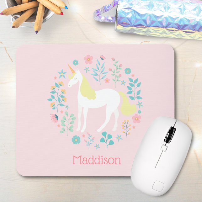 Mousepad Bonito Unicórnio e Flores Cor-de-Rosa Esmagada Per (Criador carregado)