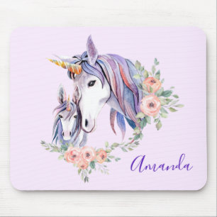 Mousepad Bonito Unicórnio Mãe e Bebê Watercolor Floral