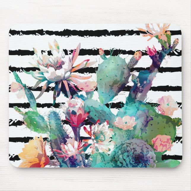 Mousepad Bonito Watercolor Cactus Floral Black Stripes (Frente)