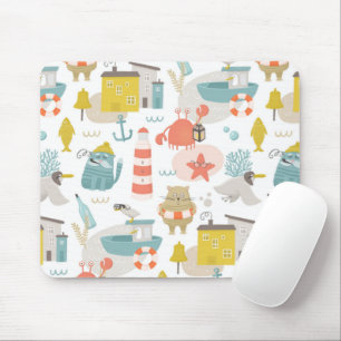 Mousepad Bons animais náuticos engraçados. Padrão oceânico