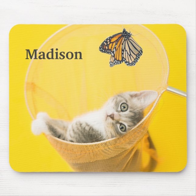 Mousepad Borboleta amarela e gatinho travados na rede (Frente)