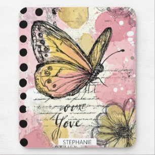 Mousepad Borboleta Aquarela Rosa Dourado Arte Boho Natureza