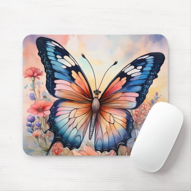 Mousepad Borboleta Arco-íris em um Jardim de Flores (Com mouse)