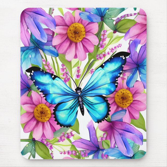 Mousepad Borboleta Azul em Campo de Flores (Frente)
