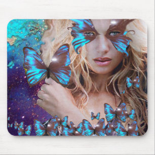 MOUSEPAD BORBOLETA AZUL EM ESPALHOS VERDE TEAIS DOURADOS