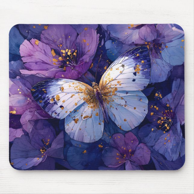 Mousepad Borboleta Azul em Flores Roxas (Frente)