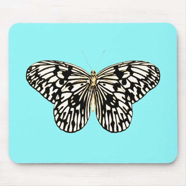 Mousepad Borboleta branca e preta, fundo de turquesa (Frente)