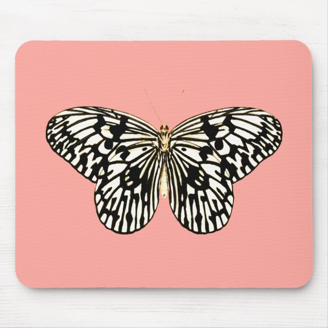 Mousepad Borboleta branca e preta,fundo rosa-coral (Frente)