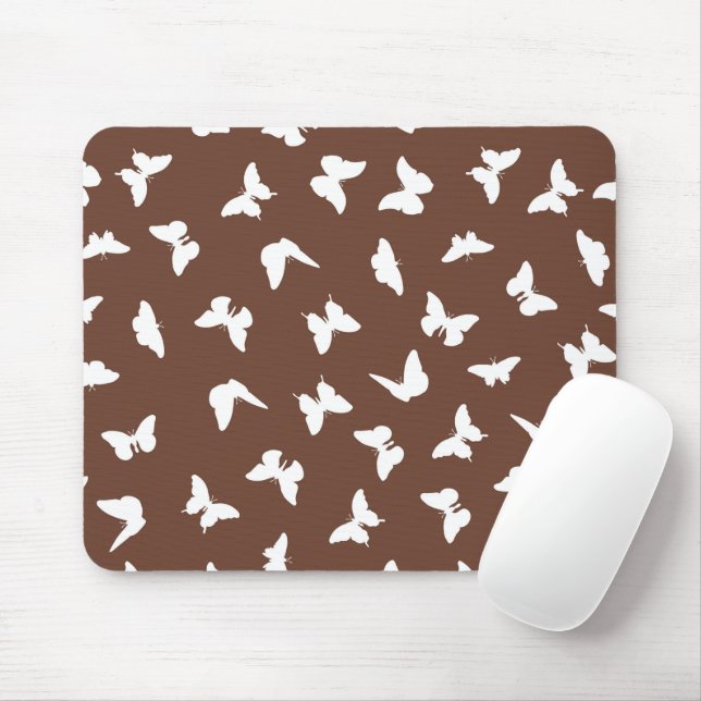 Mousepad Borboleta branca Fundo castanho, estético esticado (Com mouse)
