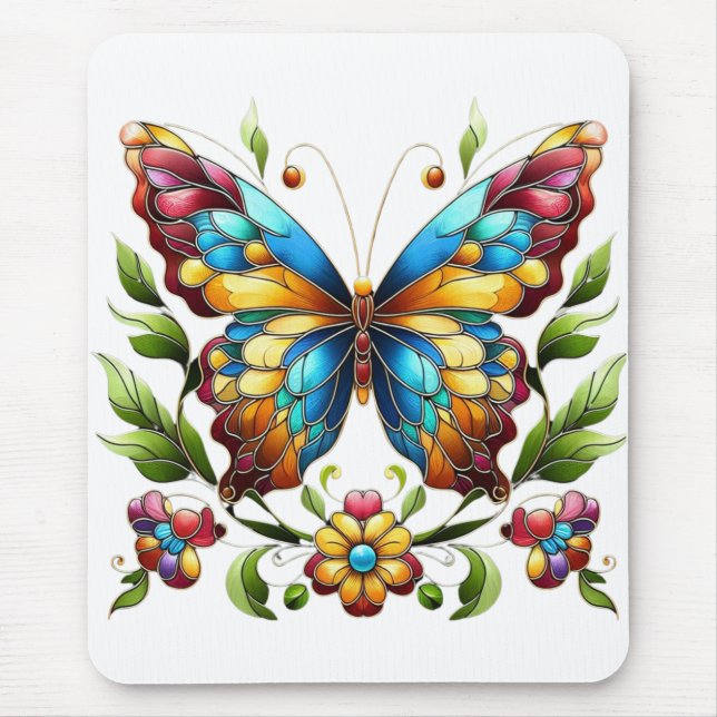Mousepad Borboleta de vidro colorida com flores (Frente)