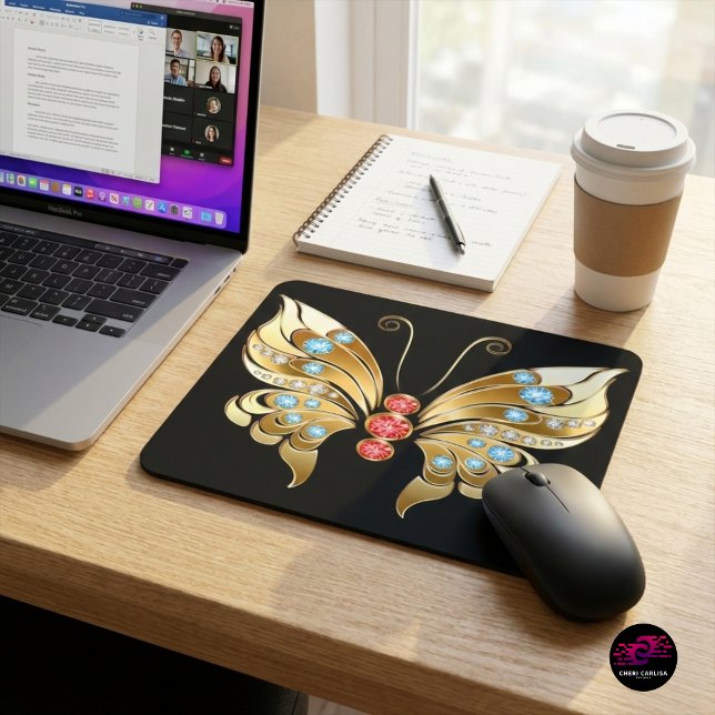 Mousepad Borboleta Dourada Adornada Com Gems (Upgrade your workspace with gold jeweled butterfly impact ✨)