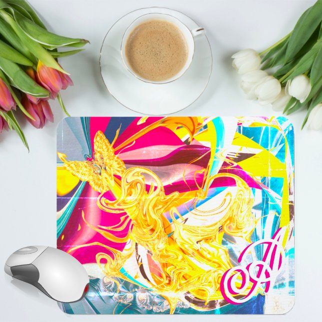 Mousepad Borboleta Dourada Monograma Retro Líquido Abstrato (Criador carregado)