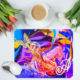 Mousepad Borboleta Dourada Monograma Vibrante Líquido Abstr