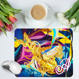 Mousepad Borboleta Dourada Monograma Vibrante Líquido Abstr
