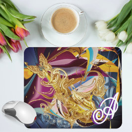Mousepad Borboleta Dourada Vintage Monograma Líquido Abstra
