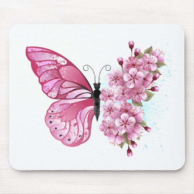 Mousepad Borboleta Flor com Sakura Rosa (Frente)