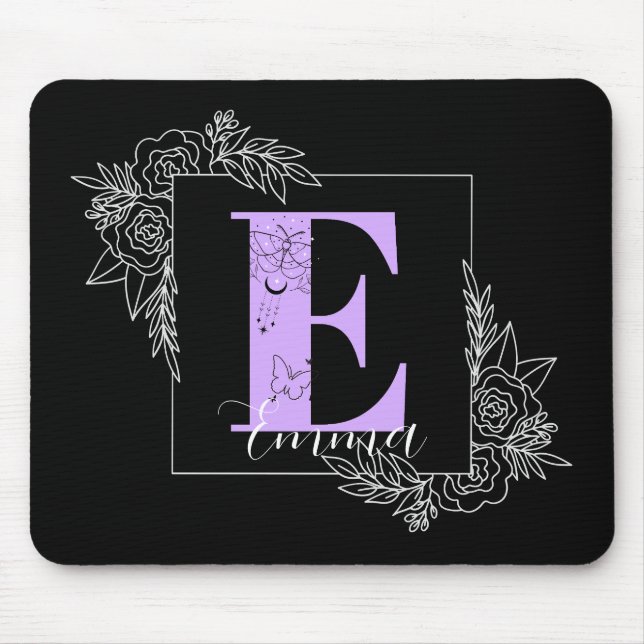Mousepad Borboleta Floral Púrpura Monograma Personalizado - (Frente)