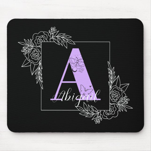 Mousepad Borboleta Floral Púrpura Monograma Personalizado - (Frente)