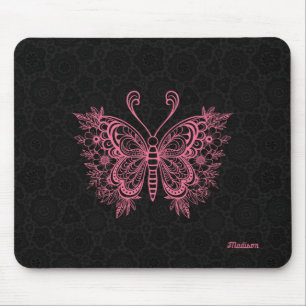 Mousepad Borboleta floral rosa a preto