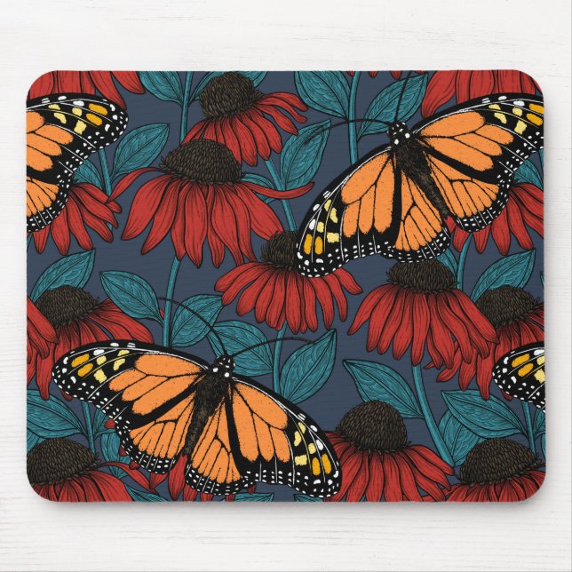 Mousepad Borboleta-monarca em flores vermelhas (Frente)