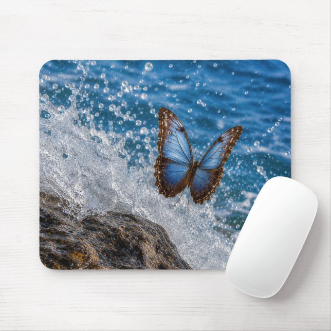 Mousepad Borboleta Morpho Comum Pairando Sobre a Onda do Oc (Com mouse)