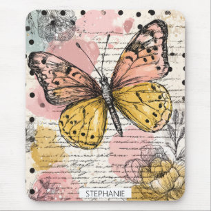 Mousepad Borboleta Rosa Dourado em Aquarela Arte Boho Natur