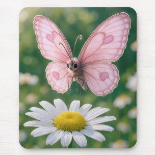Mousepad Borboleta Rosa Feminina Pairando Sobre Margarida