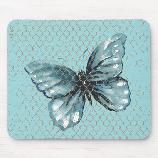 Mousepad Borboleta Verde-azulada em Design de Cerca de Elos (Frente)