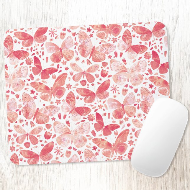 Mousepad Borboleta Watercolor PInk (Coral blush pink butterfly watercolor pattern  art mousemat)