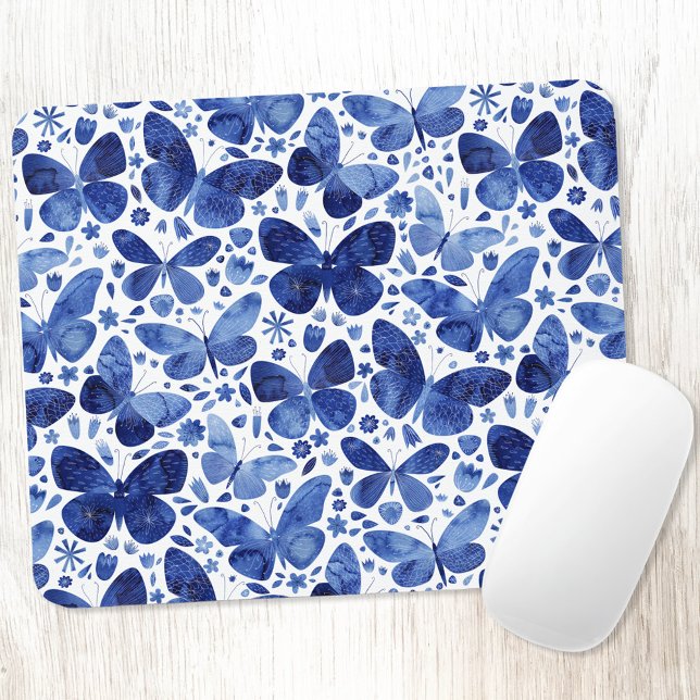 Mousepad Borboletas Aquarela Azul (Navy indigo blue watercolor butterfly pattern art mousemat)