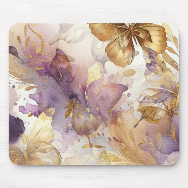 Mousepad Borboletas Aquarela Roxo e Dourado Borboletas (Frente)