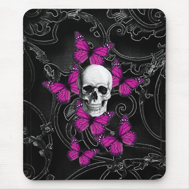 Mousepad Borboletas do crânio da fantasia e do rosa quente (Frente)