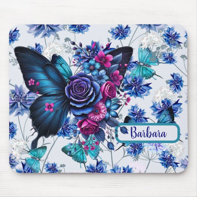 Mousepad Borboletas E Flores Azuis Monogramas (Frente)