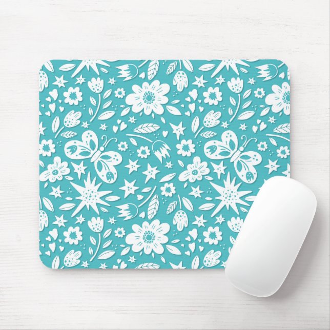 Mousepad Borboletas E Flores Em Aqua (Com mouse)