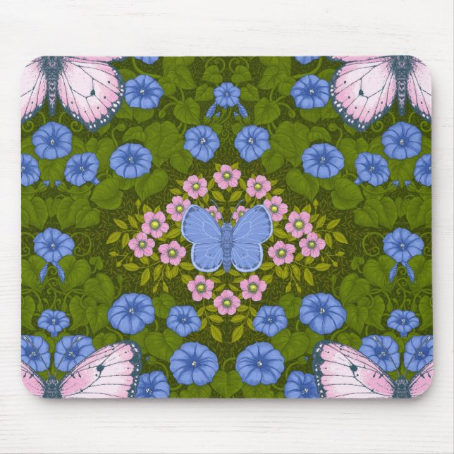 Mousepad Borboletas e flores simetria, azul e rosa (Frente)