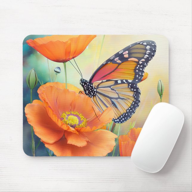 Mousepad Borboletas e Papoulas Laranja Botânico (Com mouse)