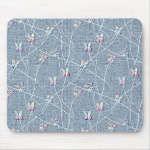 Mousepad Borboletas em Aquarela sobre Linho Azul Jeans