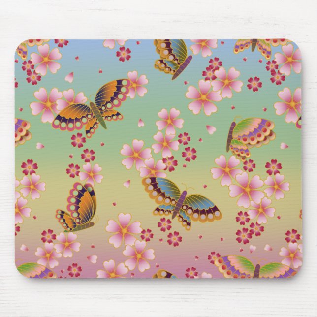 Mousepad Borboletas japonesas no meio de Sakura Blossomo Ar (Frente)