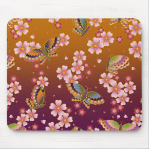 Mousepad Borboletas japonesas no meio de Sakura Flores Dour