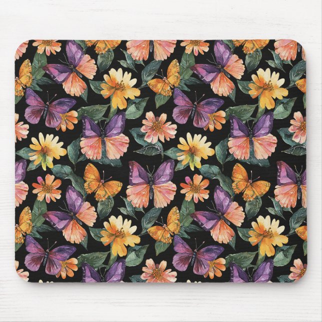 Mousepad Borboletas Rosa Roxo Flores Amarelas (Frente)
