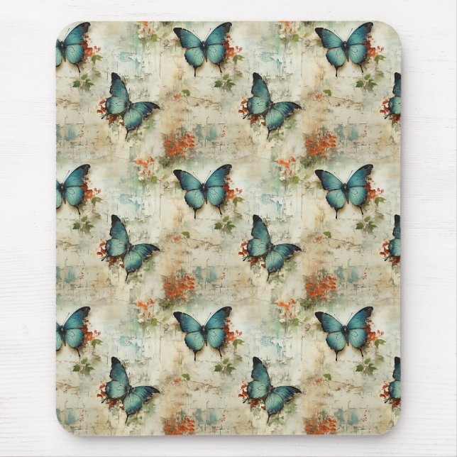 Mousepad Borboletas Turquesa Vintage Floral Rústico (Frente)