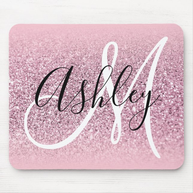 Mousepad Borda Rosa Pastel com Glitter Monograma Ombre (Frente)