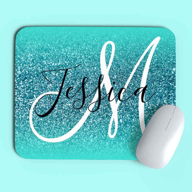 Mousepad Borda Turquesa Ombre Brilho Monograma em Verde Águ (Criador carregado)