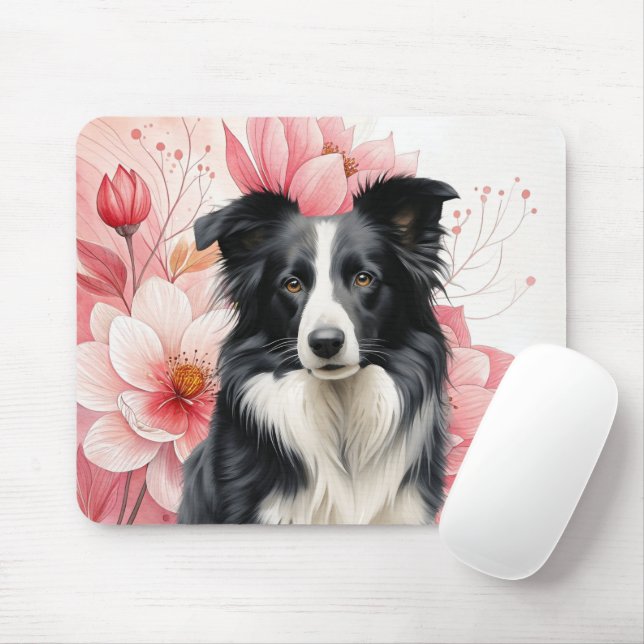 Mousepad Border Collie Dog and Bold Pink Lilies (Com mouse)