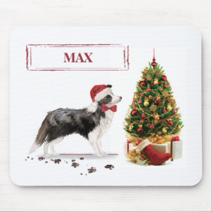 Mousepad Border Collie Engraçado Cachorro Natal com Árvore