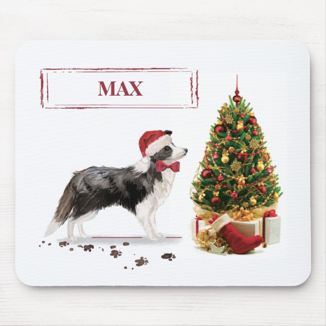 Mousepad Border Collie Engraçado Cachorro Natal com Árvore (Frente)